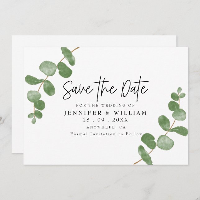 Invitación Elegante Eucalyptus Botánico Save the Date (Anverso / Reverso)