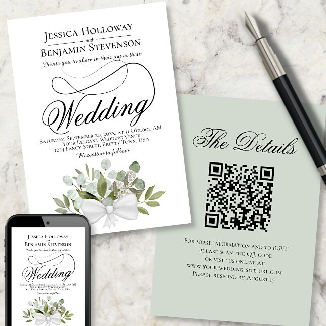 Invitación Elegante Eucalyptus Bouquet Boda de código QR (Front, Back & Digital Download)