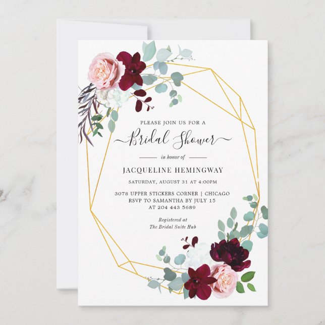 Invitación Elegante Eucalyptus Burgundy Floral Bridal Shower (Anverso)