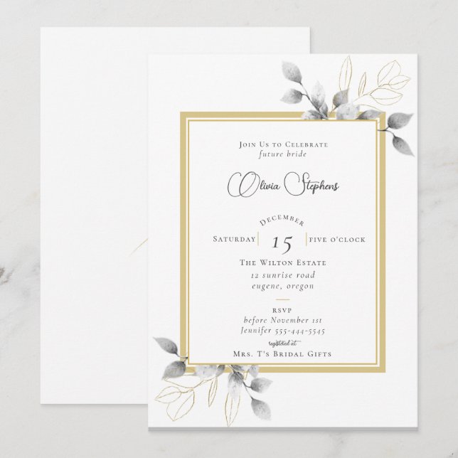 Invitación Elegante Eucalyptus Calligraphy Gold Bridal Shower (Anverso / Reverso)