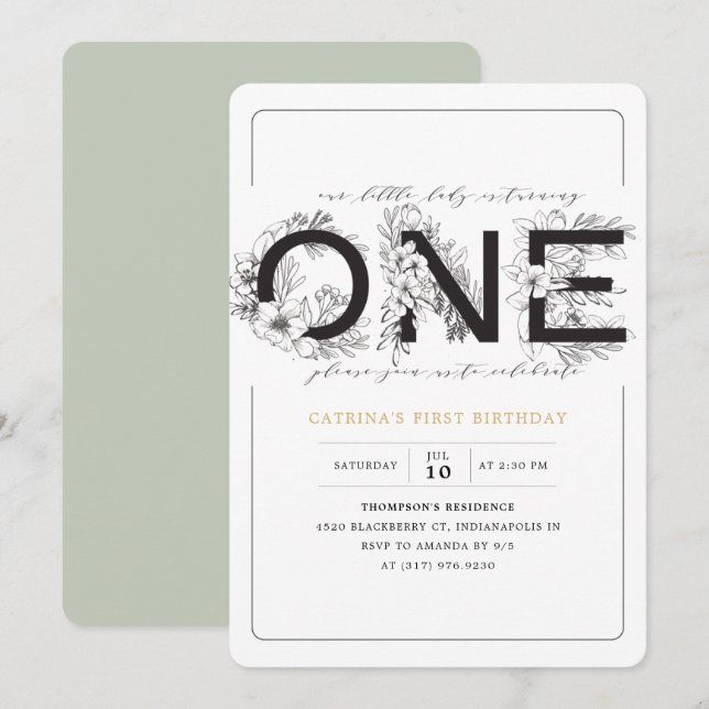 Invitación Elegante Eucalyptus Chica Floral Verde Primer cump (Anverso / Reverso)