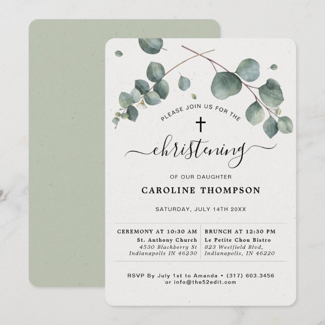 Invitación Elegante Eucalyptus Christening (Anverso / Reverso)