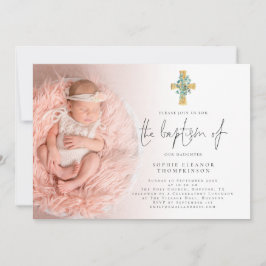 Invitación Elegante Eucalyptus Cross Photo Baptism