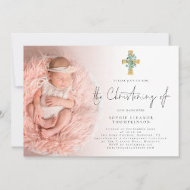 Invitación Elegante Eucalyptus Cross Photo Christening