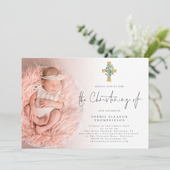 Invitación Elegante Eucalyptus Cross Photo Christening (Anverso de pie)
