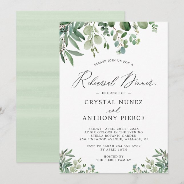 Invitación Elegante Eucalyptus deja Boda de la cena de ensayo (Anverso / Reverso)