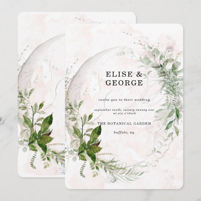 Invitación Elegante Eucalyptus deja Boda rosa Rubor (Anverso / Reverso)