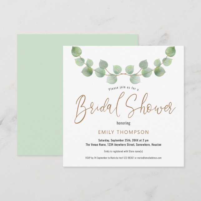 Invitación Elegante Eucalyptus deja ducha de novia manuscrita (Anverso / Reverso)