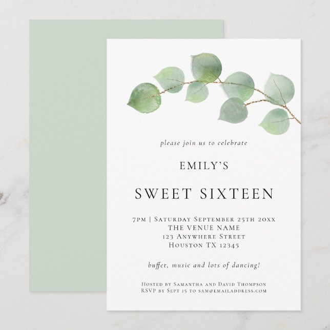 Invitación Elegante Eucalyptus Dulce Cumpleaños (Anverso / Reverso)