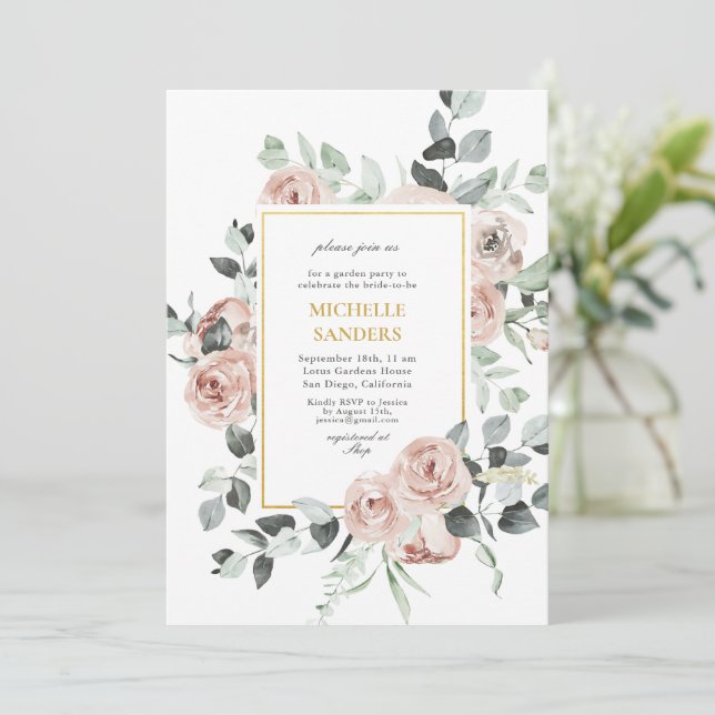 Invitación Elegante Eucalyptus Dusty Rosa Dorado Ducha Nodal (Anverso de pie)