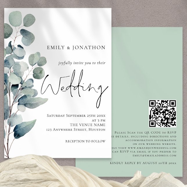 Invitación Elegante Eucalyptus Elegante Boda de sabios de esc (Front and back view)