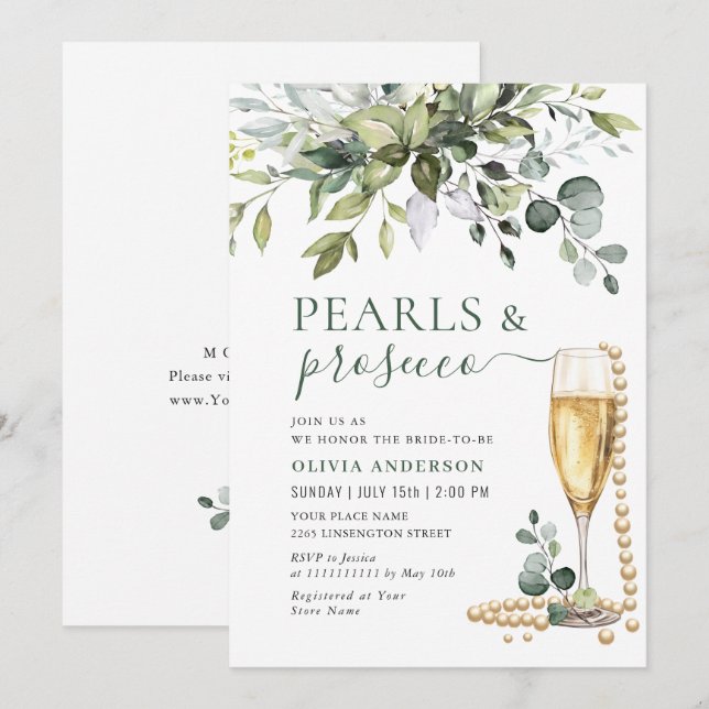 Invitación Elegante Eucalyptus Floral PEARLS & Prosecco (Anverso / Reverso)