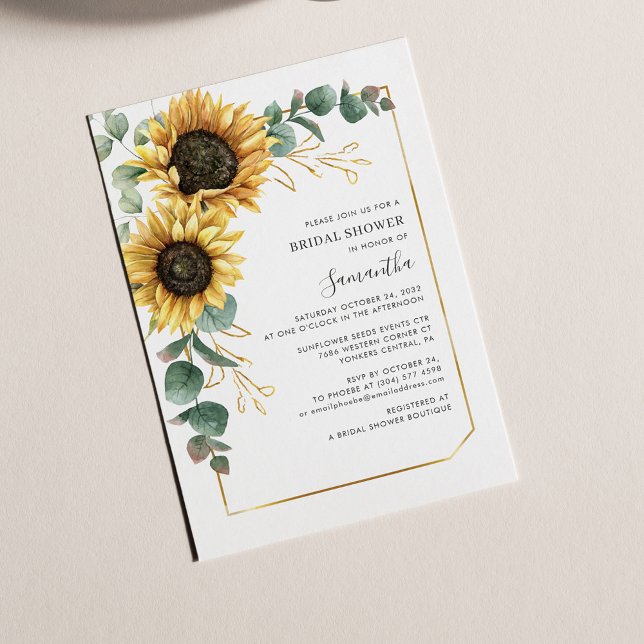 Invitación Elegante Eucalyptus Floral Sunflower Bridal Shower (Watercolor Sunflower Eucalyptus Bridal Shower Invitation)