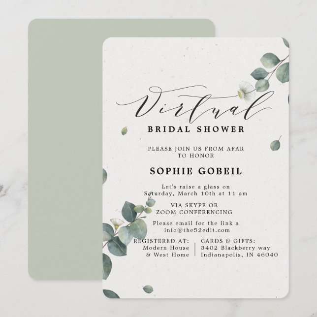 Invitación Elegante Eucalyptus Floral VIRTUTAL Bridal Ducha (Anverso / Reverso)