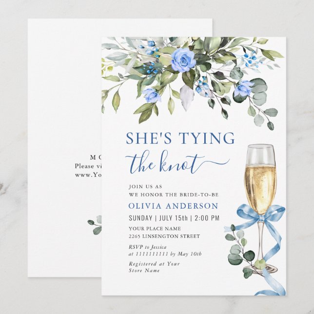 Invitación Elegante Eucalyptus Flores Azules Ducha Bridal (Anverso / Reverso)