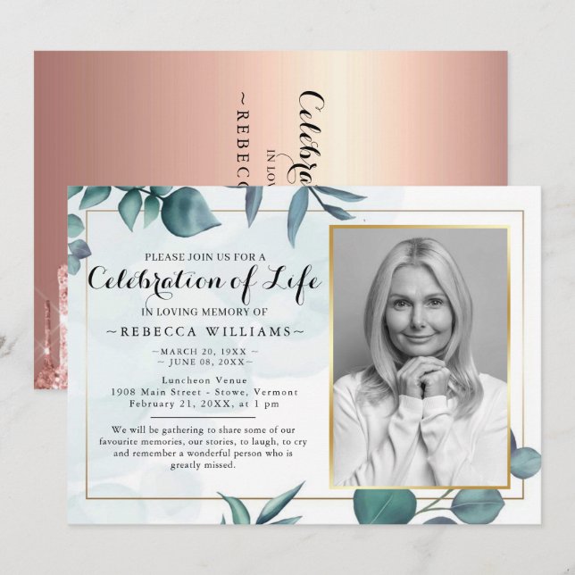 Invitación Elegante Eucalyptus Foliage Celebración de la Vida (Anverso / Reverso)