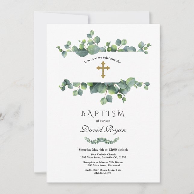 Invitación Elegante Eucalyptus Foliage Frame Gold Baptism (Anverso)