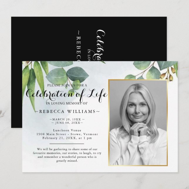 Invitación Elegante Eucalyptus Foto Celebración de la vida (Anverso / Reverso)