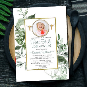 Invitación Elegante Eucalyptus Foto Dorada Primera Comunión