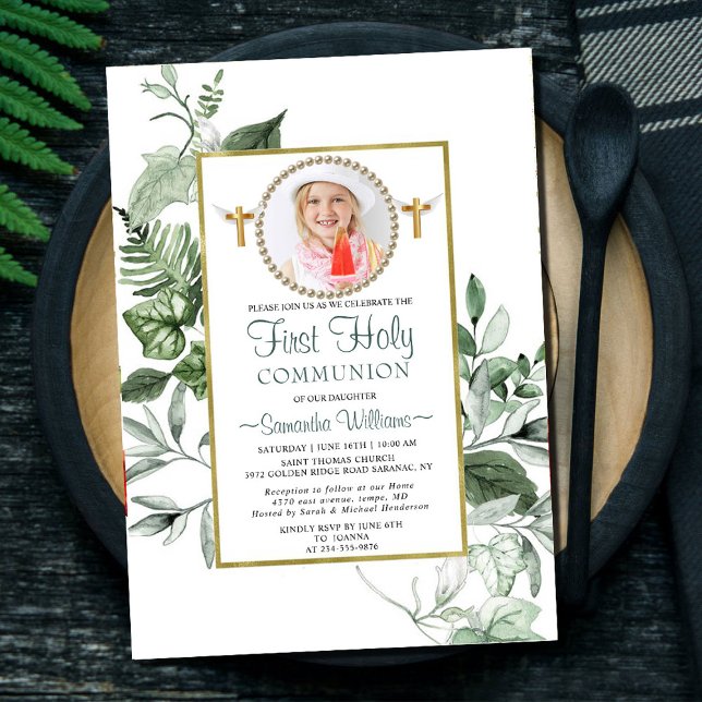 Invitación Elegante Eucalyptus Foto Dorada Primera Comunión (Subido por el creador)