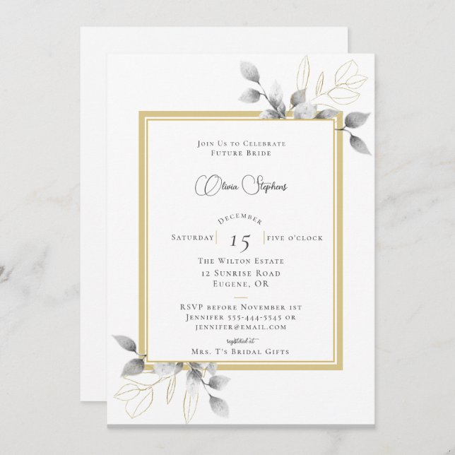 Invitación Elegante Eucalyptus Frame Calligraphy Ducha Bridal (Anverso / Reverso)