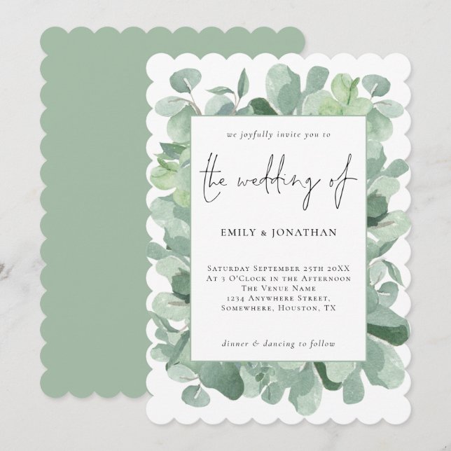 Invitación Elegante Eucalyptus Frame Script Boda (Anverso / Reverso)