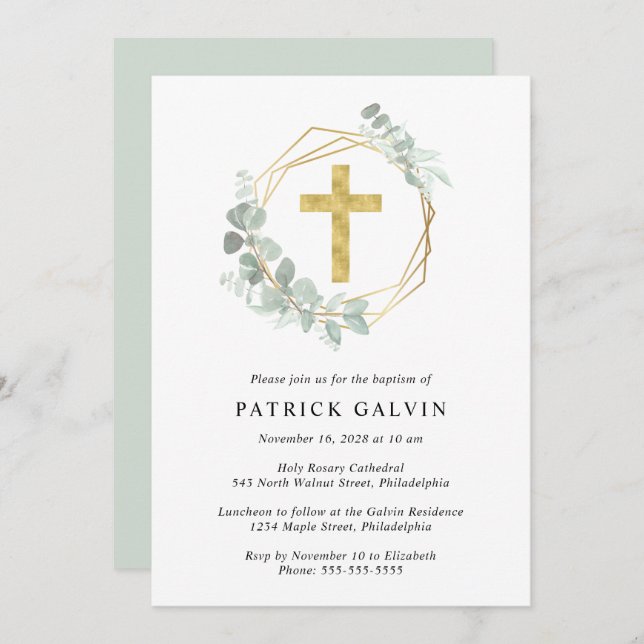 Invitación Elegante Eucalyptus Gold Cross Watercolor Baptism (Anverso / Reverso)