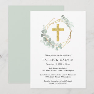 Invitación Elegante Eucalyptus Gold Cross Watercolor Baptism