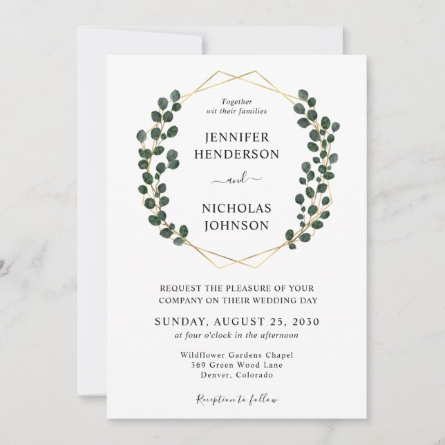 Invitación Elegante Eucalyptus Gold Frame Boda (Anverso)