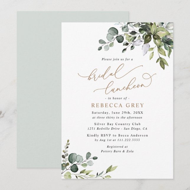Invitación Elegante Eucalyptus Gold Greenery Bridal Luncheon (Anverso / Reverso)