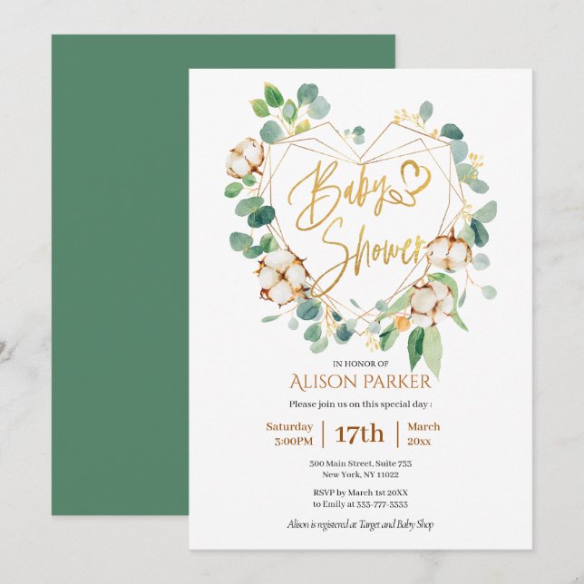Invitación Elegante Eucalyptus Gold Wreath Baby Shower (Anverso / Reverso)