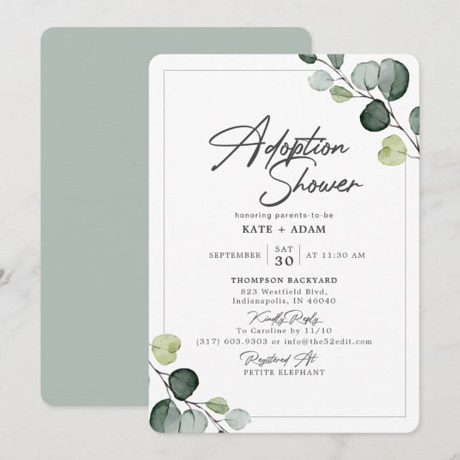 Invitación Elegante Eucalyptus Green Adopción Baby Shower (Anverso / Reverso)