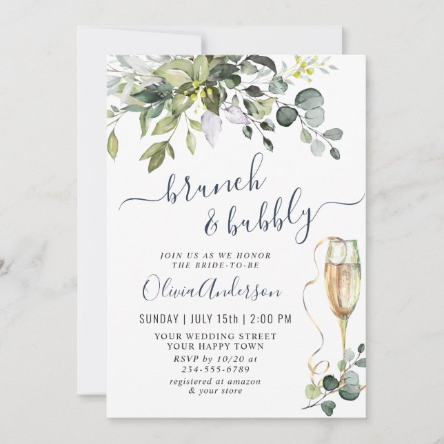 Invitación Elegante Eucalyptus Green Brunch & Bubbly (Anverso)