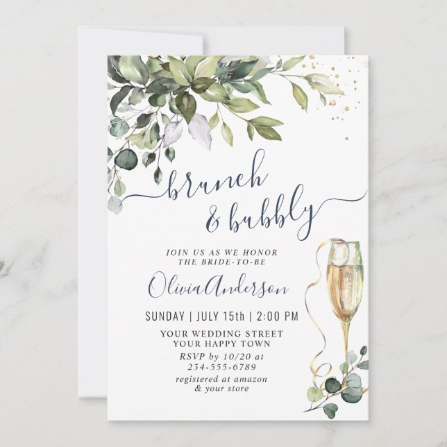 Invitación Elegante Eucalyptus Green Brunch & Bubbly (Anverso)