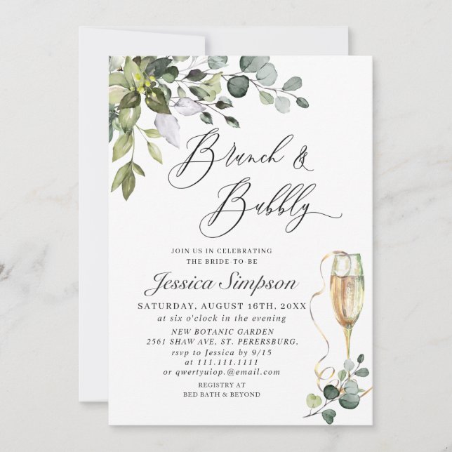Invitación Elegante Eucalyptus Green Brunch & Bubbly (Anverso)