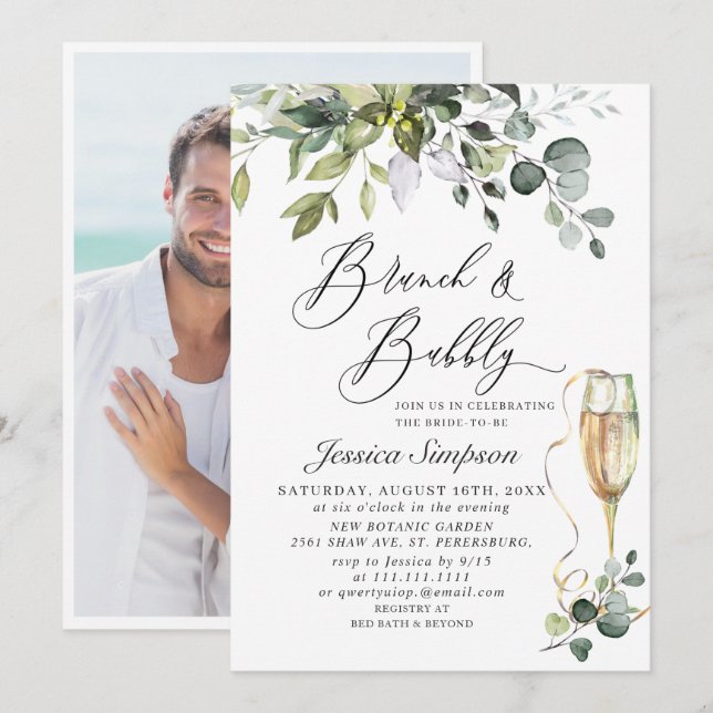 Invitación Elegante Eucalyptus Green Brunch & Bubbly PHOTO (Anverso / Reverso)