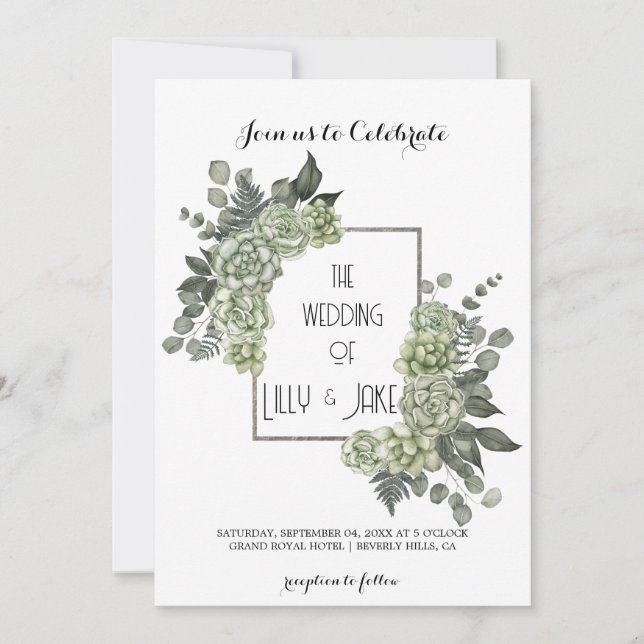 Invitación Elegante Eucalyptus Green Frame Silver (Anverso)
