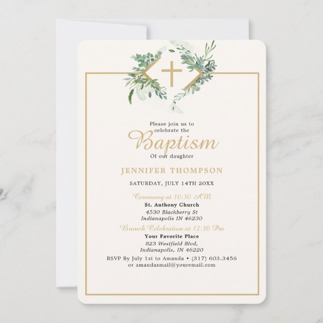 Invitación Elegante Eucalyptus Greenerenery Bautismo de Oro (Anverso)