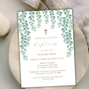 Invitación Elegante Eucalyptus Greenerenery Cross Baptism