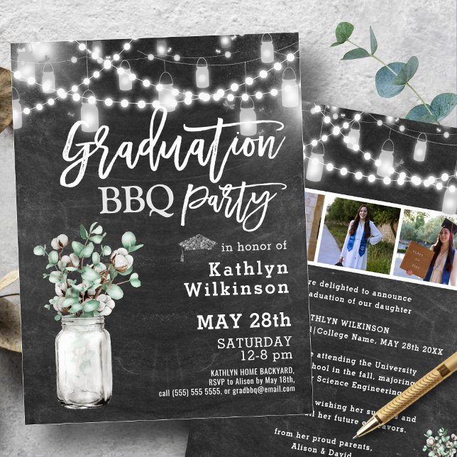 Invitación Elegante Eucalyptus Greenery 3 Foto Graduación BBQ (Subido por el creador)
