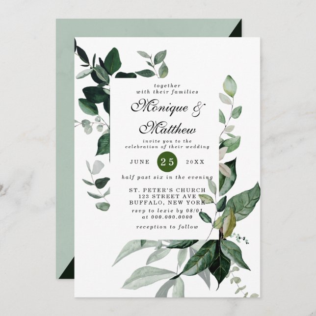 Invitación Elegante Eucalyptus Greenery Airy Boda Rústico (Anverso / Reverso)