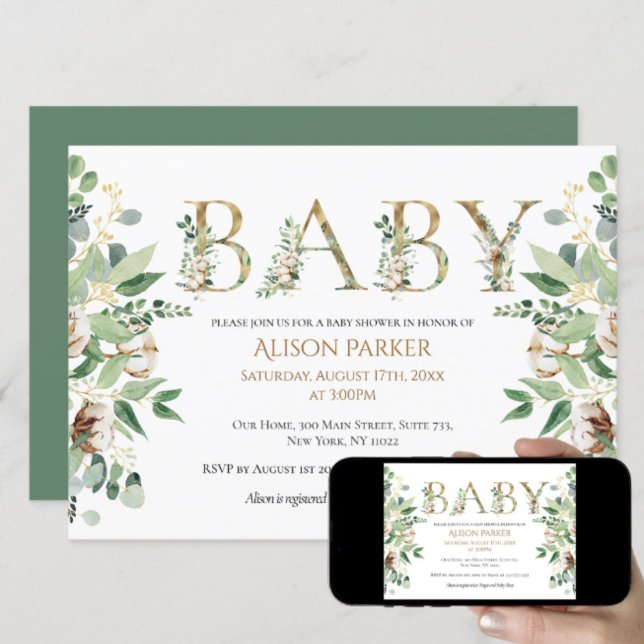 Invitación Elegante Eucalyptus Greenery Alphabet Gold (Subido por el creador)