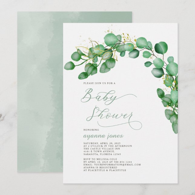 Invitación Elegante Eucalyptus Greenery Baby Shower (Anverso / Reverso)