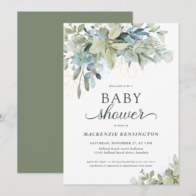 Invitación Elegante Eucalyptus Greenery Baby Shower (Anverso / Reverso)