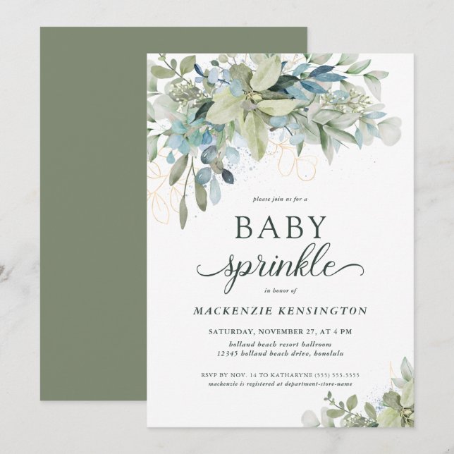 Invitación Elegante Eucalyptus Greenery Baby Sprinkle (Anverso / Reverso)
