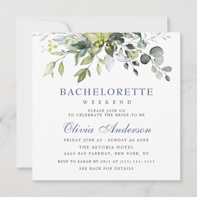 Invitación Elegante Eucalyptus Greenery Bachelorette Weekend (Anverso)