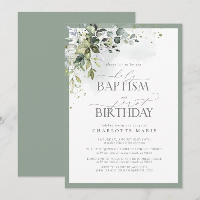 Invitación Elegante Eucalyptus Greenery Baptism 1º cumpleaños (Anverso / Reverso)