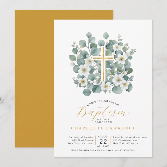 Invitación Elegante Eucalyptus Greenery Baptism Cross (Anverso / Reverso)