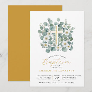 Invitación Elegante Eucalyptus Greenery Baptism Cross