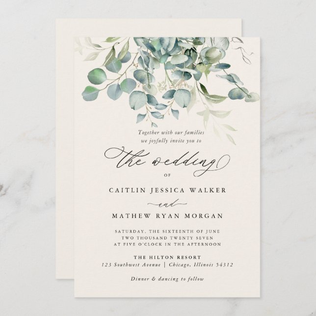 Invitación Elegante Eucalyptus Greenery Boda (Anverso / Reverso)